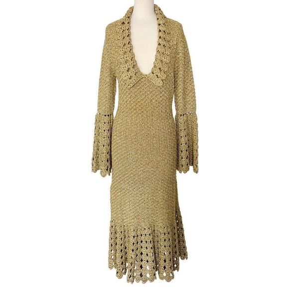 Michael Kors Collection Gold Metallic Crochet Bell Sleeve Midi Dress - Picture 1 of 8